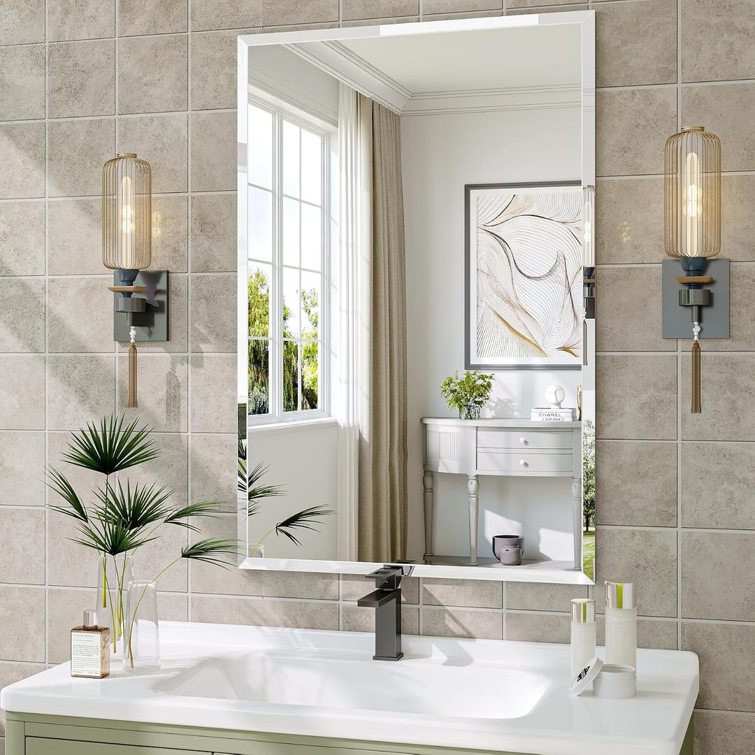 Frameless Bathroom Mirror, 24" x 36" Beveled Wall Mirror