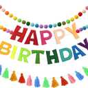 Pre-Strung Happy Birthday Banner Felt Ball Garland Reusable Happy Birthday Garland Pom Pom Party Decor Colorful Thread Tassel Rainbow Party Decorations for Girls Boys Women Men