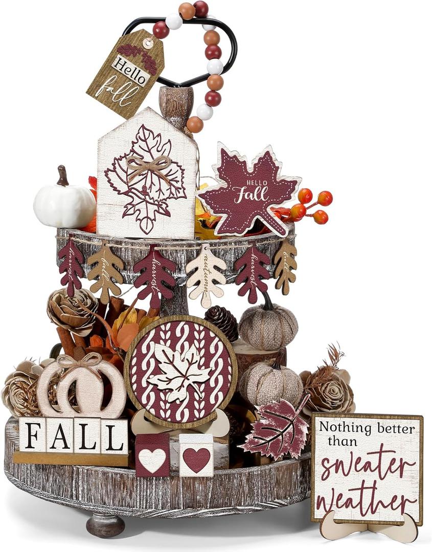18 Pcs Fall Thanksgiving Tiered Tray Decor Set Maple Leaf Pumpkin Wood Sign Hello Fall Rustic Farmhouse Tray Decoration Tabletop Sign for Autumn Harvest Home Kitchen Festival(Leaf Pumpkin)