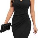 IHOT 2026 Women's Sexy V Neck Sleeveless Faux Wrap Ruched Sheath Bodycon Cocktail Party Work Dress (Medium, Black)