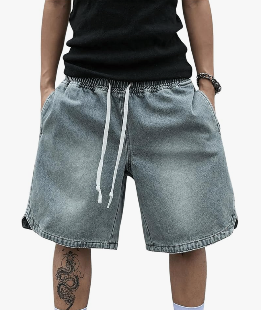Men's Vintage Denim Shorts Baggy Jean Shorts Elastic Drawstring Waist Baggy Jorts Streetwear L