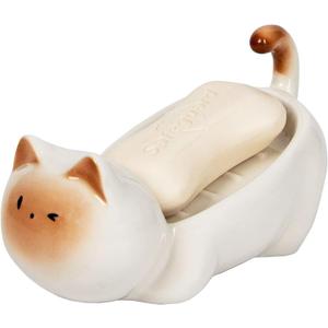 Ceramic Cute Cat Soap Dish, Self-Draining Bar Soap Holder for Shower, Decorative Soap Tray for Bathroom Sink Kitchen Counter, Easy Clean Soap Saver Tray (White)