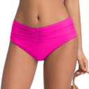 COCOPEAR Mid Rise Bathing Suit Bottoms for Women Ruched Tummy Control Swim Bottoms Full Coverage Bikini Bottoms for Women, Pink, M
