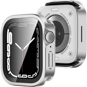 Amizee Metal Case Compatible with Apple Watch Series 9/8/7 45mm Case with Built-in Screen Protector, Straight Edge Ultra Thin with Back Cover Protective Cover for iWatch 45mm, Silver