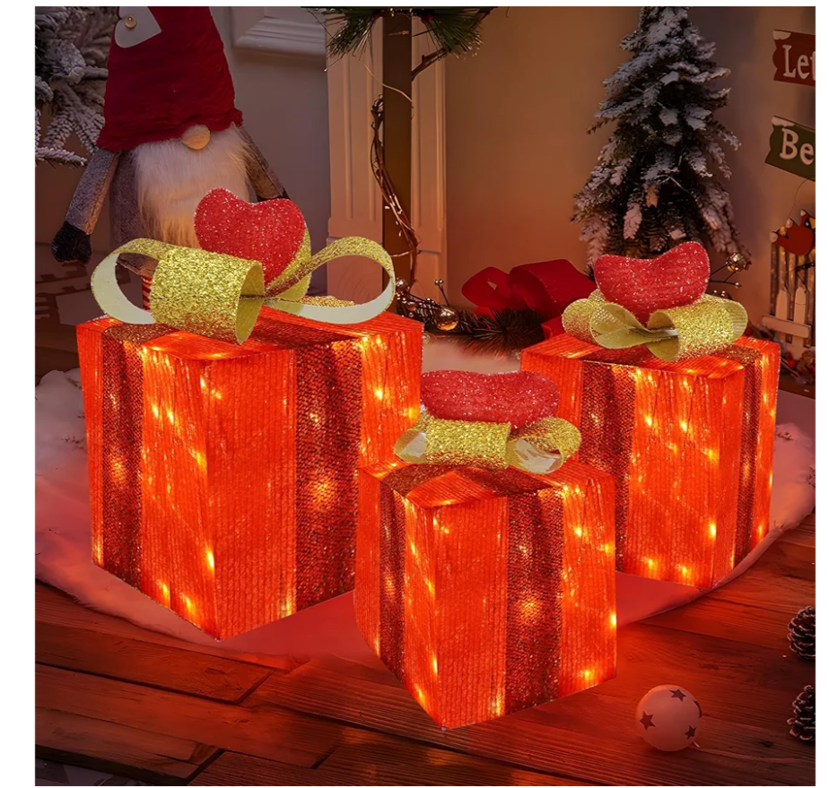Valentines Day Decor Lighted Gift Boxes, Set of 3 Valentine's Day Gifts Decorations for Indoor Outdoor Room Decor, 60 LED Light Up Gifts Battery Operated for Valentine's Day Wedding(Red Heart)