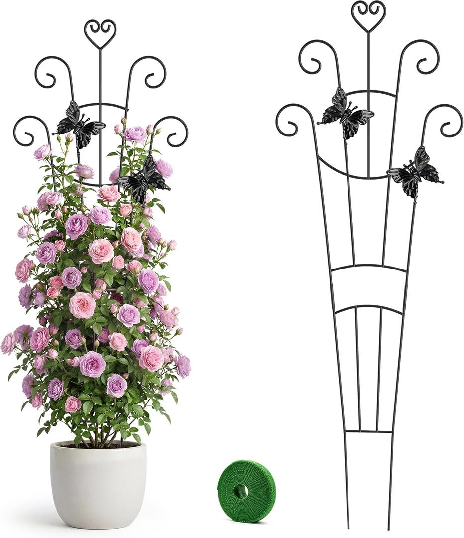 MEILIDY Plant Trellis, 32.6 Inch Expandable Metal Potted Trellis with Tape Tie for Climbing Plants Indoor Outdoor, Black, 2 Packs