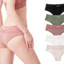 Luna & Sun Women Soft Stretch Sexy Hipster Bikini Panties Underwear with Lace (Black, Light Pink, Dark Orange, Camo Green, Ivory (5pcs)