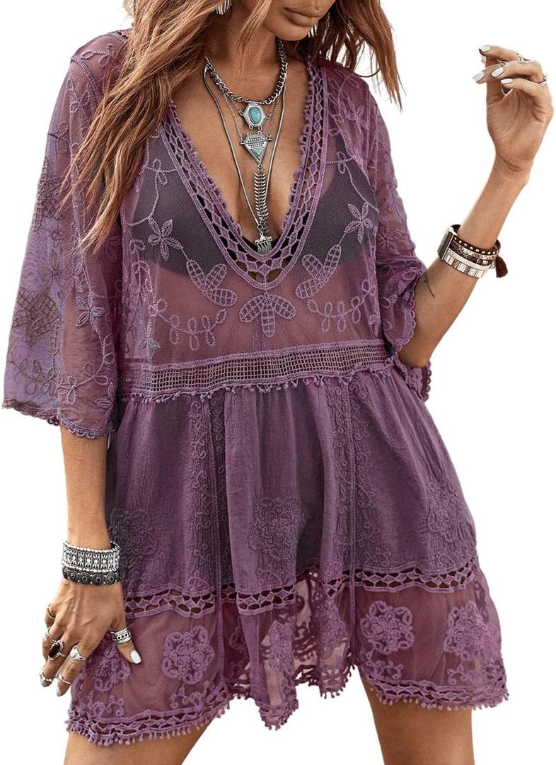 Eomenie Women's Contrast Lace Bathing Suit Cover Up V-Neck Swimsuit Coverups Loose Swimwear Beach Dress Beachwear Purple Eomenie Women's Contrast Lace Bathing Suit Cover Up V-Neck Swimsuit Coverups Loose Swimwear Beach Dress Beachwear Purple
