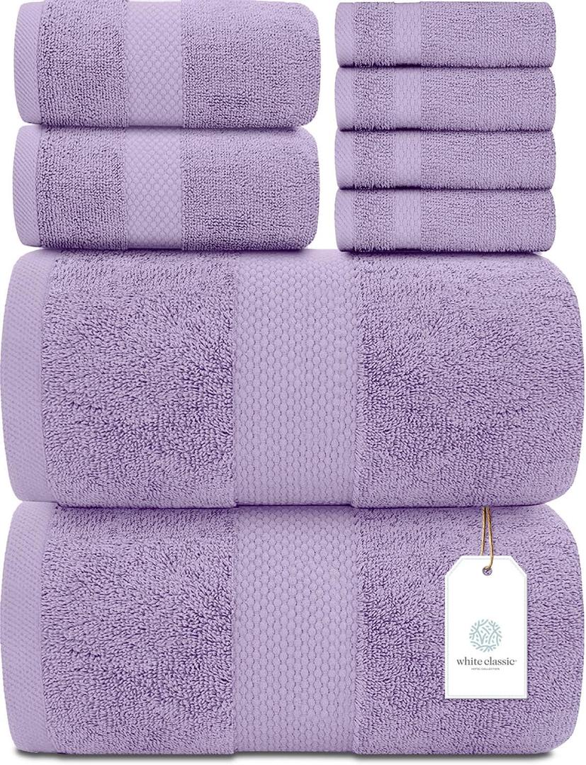 White Classic Luxury Bath Towel Set of 8 Pieces - 100% Turkish Cotton Highly Absorbent Towels for Bathroom, 2 Luxury Bath Towels 700GSM, 2 Hand Towels, 4 Washcloths, Lavender