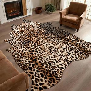 DweIke Faux Leopard Print Rug for Living Room, 5.2x6.2 ft Western Animal Cheetah Hide Rugs, Non Slip Cool Leopard Fur Skin Carpet for Bedroom Dining Room Farmhouse Entrance Home Decor, Dark Brown