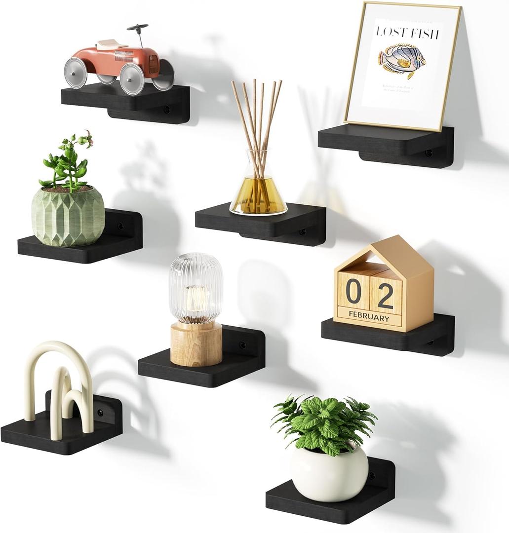 SRIWATANA Small Floating Shelves Wall Mounted, 4 Inch Wood Shelf for Decoration and Storage Set of 8, Mini Display Shelf for Bedroom, Bathroom, Kitchen, Office (Black)