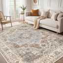 8x10 Washable Area Rug: Vintage Neutral Soft Non Slip Thin Large Floor Carpet for Living Room Bedroom Kitchen Dining Room Home Office Farmhouse Indoor - Grey Brown