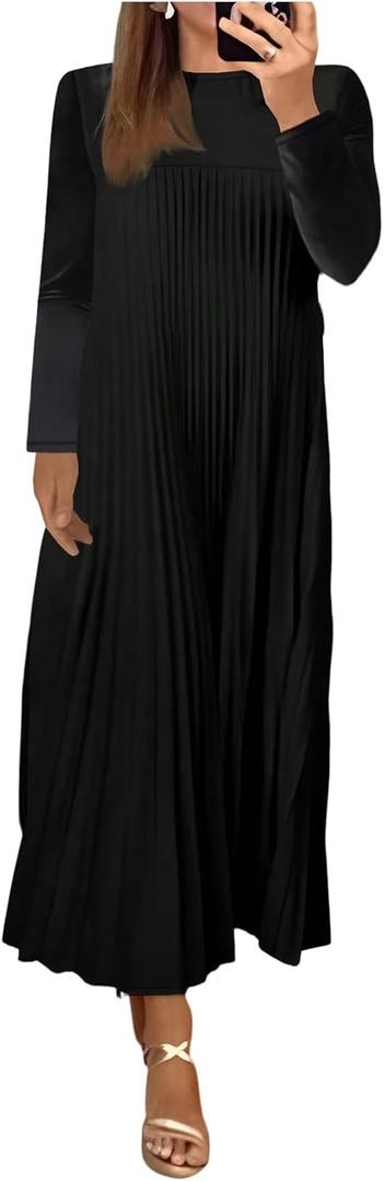 GORGLITTER Women's Pleated Church Maxi Dress Fall Casual Cocktail Holiday Long Sleeve Crew Neck Flowy Loose Long Dress (Black, S)