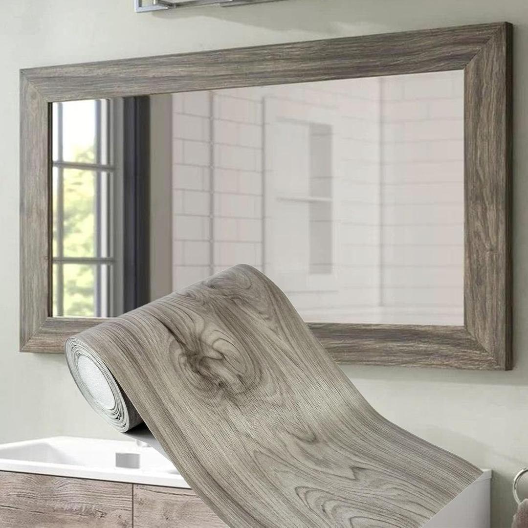 32.8Ft Black Border Peel &Stick Wood Grain Wallpaper Border Removable Waterproof Bathroom Mirror Frame Sticker (Grey, 2Inch x 32.8Ft) (Gray)