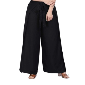 Wevez Women's Rayon Black Boho Palazzo Pants, Yoga Wide Leg Pants Wrap Tie Up Waist, L