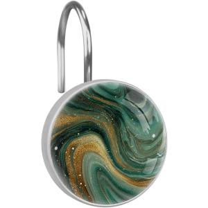 Green Marble Shower Curtain Hooks, 12Pcs Decorative Rust Resistant Shower Rings for Shower Curtain Rods, Stainless Steel Round Curtain Hooks for Bathroom, Bedroom, Farmhouse