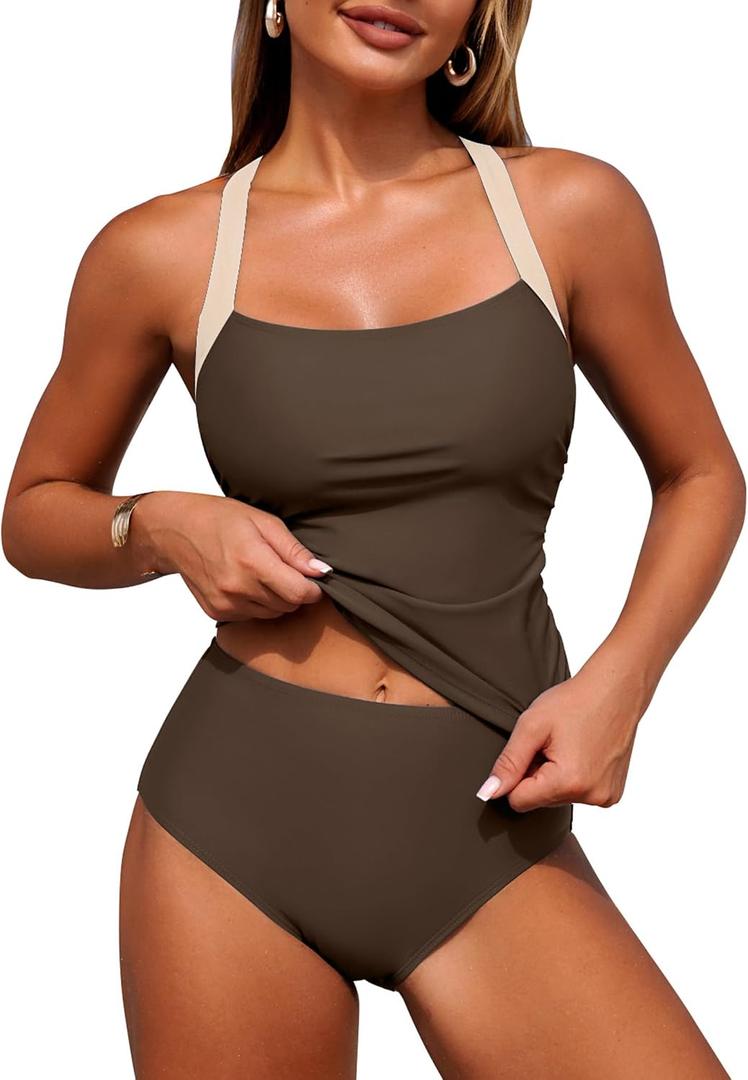 ZAFUL Women's Tankini Swimsuits Tummy Control Swimwear Two Piece Bathing Suits Swim Top with High Waisted Bottom, L