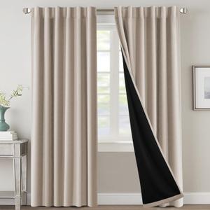 H.VERSAILTEX 100% Blackout Curtains for Bedroom with Black Liner Full Room Darkening Curtain 96 Inch Long Thermal Insulated Back Tab/Rod Pocket Window Drapes for Living Room, 2 Panels, Natural