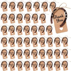 Leinuosen 48 Pcs Good Lucky Horseshoe with Thank You Kraft Tags and Rope, Western Rustic Horseshoe Charms, Metal Horse Gifts for Vintage Wedding Birthday Cowboy Cowgirl Party Favors