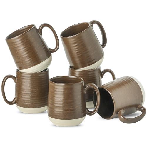 Hasense Coffee Cups Set of 6, 15 oz Stoneware Coffee Mugs with Big Handles, Modern Tea Cup for Indoor and Outdoor for Cocoa, Milk, Tea, Hot Chocolate, Soup, Valentine's Day Gifts, Brown