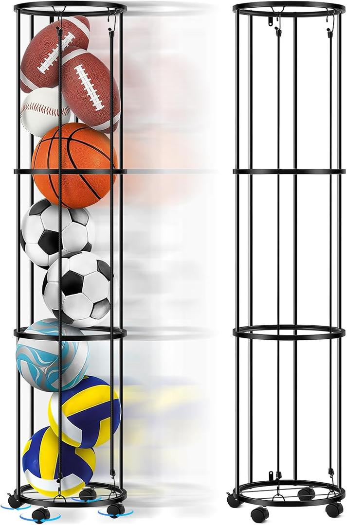 Columnar Vertical Ball Storage Racks with Wheels-New Durable Rolling Basketball Holder Wall Mount for Soccer, Volleyball, Space-Saving Garage Sports Ball Rack Organizer for Home, Gym & Outdoors (3 Layers, 58*13", Holds 8-10 Balls)