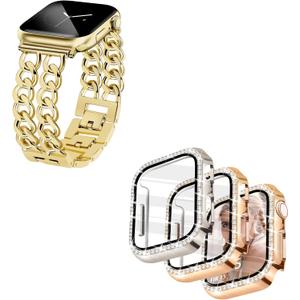 JR.DM Gold Watch Bands for Women Compatible with Apple Watch Band 38mm 40mm 41mm 42mm (S10) bundle 2 Pack Bling Case with HD Screen Protector 40mm