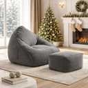 Bean Bag Chair with Ottoman for Adults, Large Corduroy Bean Bag Couch, Boneless Chaise Lounge Reading Chair with High-Resilience Foam, Floor Lounger for Bedroom Living Room (Grey)