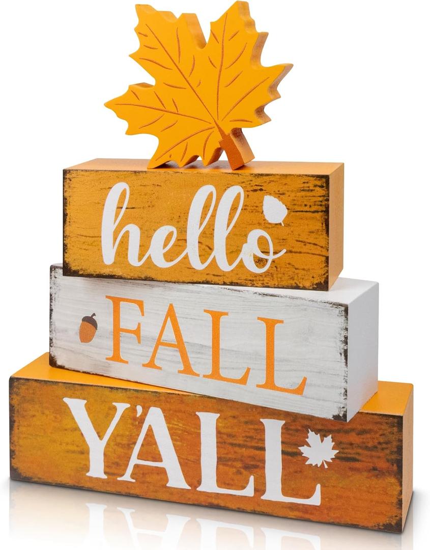 2 x 4 Pcs Hello Fall Decor Wooden Tiered Tray Decor, Maple Leaf Autumn Decorations Gifts for Home, Thanksgiving Table Centerpiece for Autumn Harvest Party Kitchen