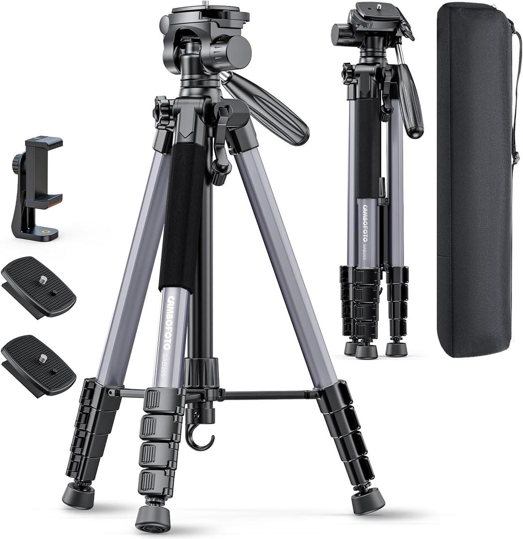 CAMBOFOTO 74 Aluminum Camera Tripod  HeavyDuty Professional Tripod Stand for DSLR & Mirrorless Cameras, Smartphones & GoPro  Lightweight Travel Tripod with 360 Pan Head & Phone Mount (Gunmetal Gray)