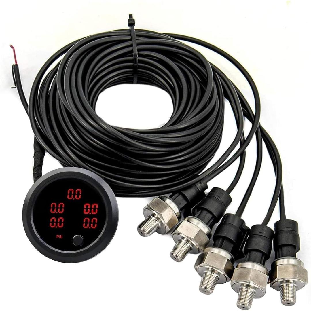 Car Five Red Display Air Suspension Pressur Gauge 2inch 52mm Air Ride Air Pressure Gauge 220PSI with 5PCS 1/8NPT Sensors