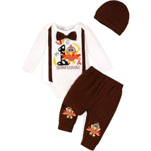 Newborn Baby Boy Clothes Boy Outfit Infant Romper Winter Fall Long Sleeves Pants Set Hat 3PC (0-3 Months, White-tgv)