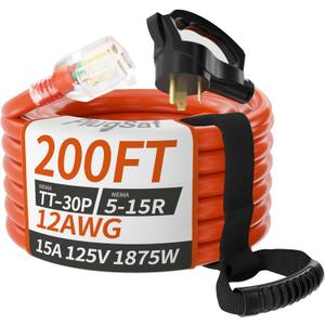 RV 30 Amp to 110 Adapter Extension Cord 200 FT, NEMA TT-30P to NEMA 5-15R Heavy Duty Outdoor RV Electrical Adapter with Grip Handle, 12AWG 15Amp 125V 1875W, Black-Orange, ETL Listed (200FT)