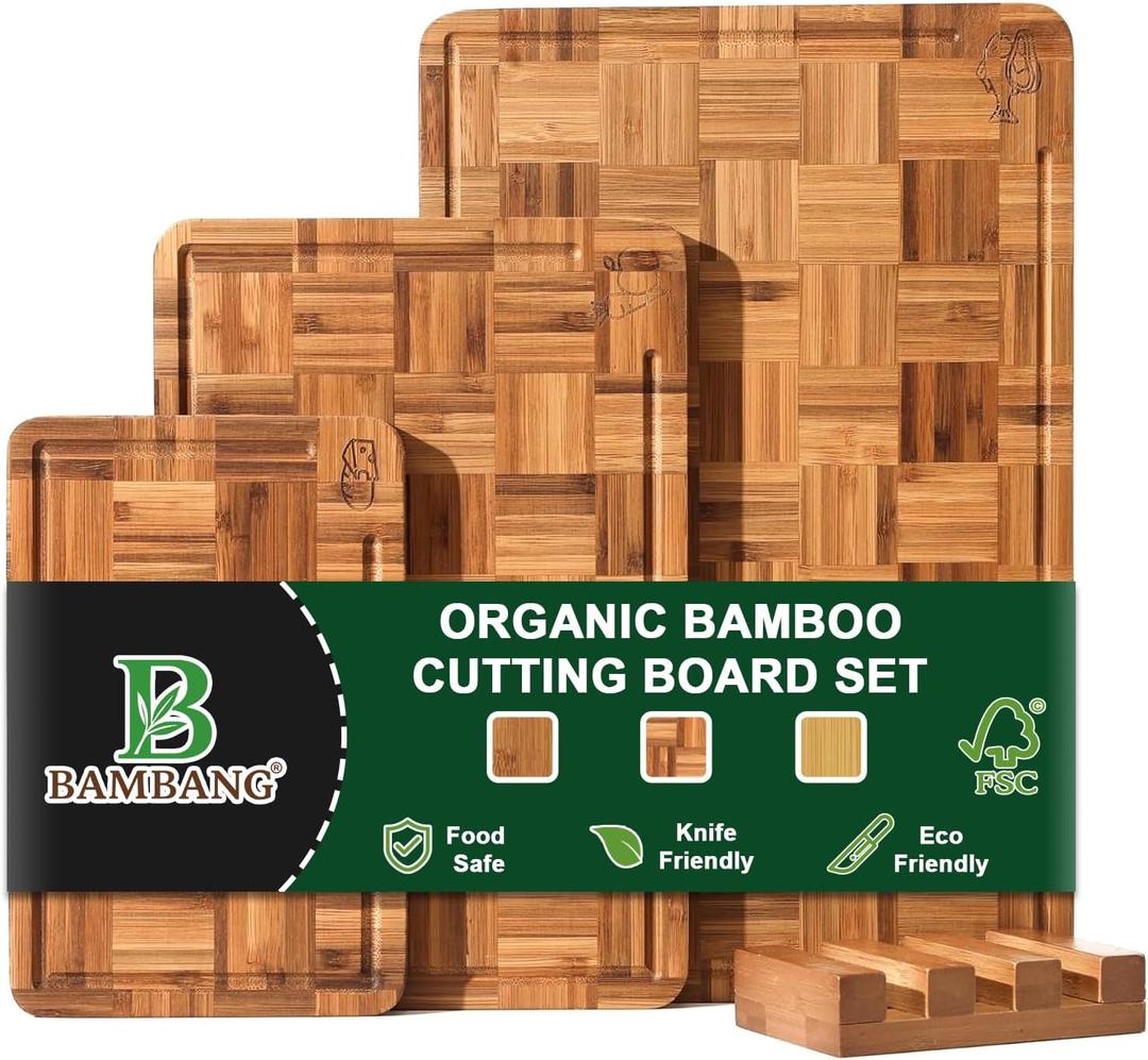 BAMBANG Bamboo Cutting Board for Kitchen with Juice Groove, End-Grain Butcher Block Chopping Boards, Checkered Wooden Cutting Boards Set of 3 with Stand, Knife-Friendly, Serving Tray
