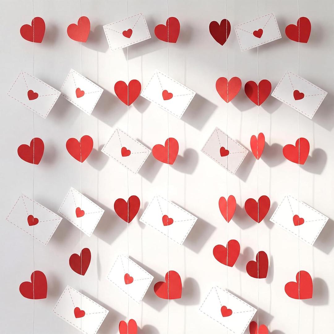 8 Strings Valentines Garland Decoration Red Heart Envelope Garlands Valentine's Love Hanging Letter Banner Paper Home Wall Decor for Galentines Party Wedding Anniversary Bridal Shower
