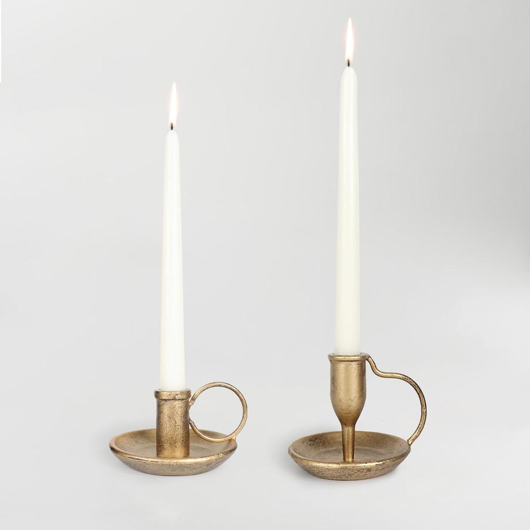 Iron Taper Candle Holder Set of 2 Antique Brass Candlestick Holders Vintage Decorative Candles Stand for Wedding Party Decoration Dinning Table Housewarming Gift