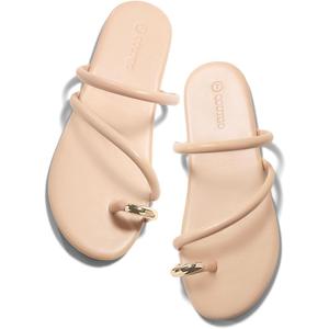 Coutgo Womens Strappy Flat Sandals Square Open Toe Flip Flops Slides Toe Ring Summer Dress Shoes (Beige, 6 1/2)