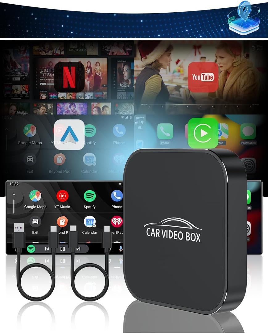 5-in-1 Wireless Carplay Adapter with Netflix YouTube TF Card, Android Auto Wireless Adapter and Apple CarPlay, Plug & Play, Easy Setup, Magic Video Ai Box for OEM Wired Apple Car Play Cars & iOS 10+