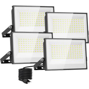 Onforu 120W Flood Lights Outdoor, 12000lm Bright LED Work Light with Plug, 6500K Daylight White LED Flood Lighting, IP66 Waterproof Security Yard Lights for Yard Garage Stadium 4 Pack (Black)