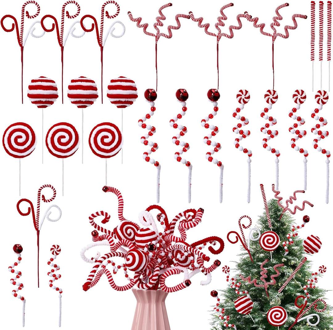 24 Pcs Christmas Candy Cane Tree Picks Red Furry Christmas Tree Topper Decorations Candy Cane Furry Curly Legs Ornaments for Xmas Wreath DIY Crafts Vase Filler
