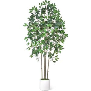 Timoo Ficus Tree Artificial 6 FT Tall Faux Plants Indoor Fake Tree with White Tall Planter, Artificial Plants Indoor Faux Tree with Full Realistic Leaves, Fake Plant for Home Office Corner Decor