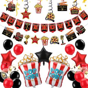 Movie Night Decorations Kit Now Showing Banner Hanging Swirls Popcorn Camera Clapboard Balloons for Movie Themed Birthday Party Supplies Film Backdrop