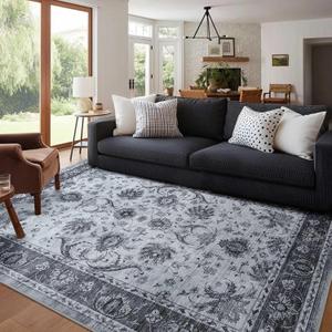 6x9 Ft Large Machine Washable Area Rugs for Living Room, Thin Floral Vintage Print Rug Non Slip Carpet for Bedroom Dining Room Kidsroom Home Decor (Grey)