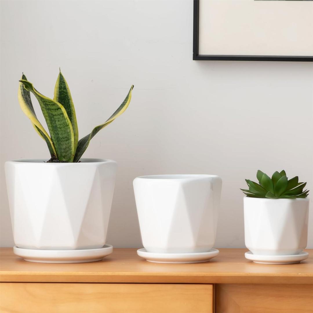 Octagon Ceramic Plant Pots - Indoor White Flower Planter Set with Drainage Holes, 6.5+5.5+4.5 Inch, Modern Decorative Planter Pots for Indoor Plants, Home Decor, Ideal Gifts for Women, Set of 3