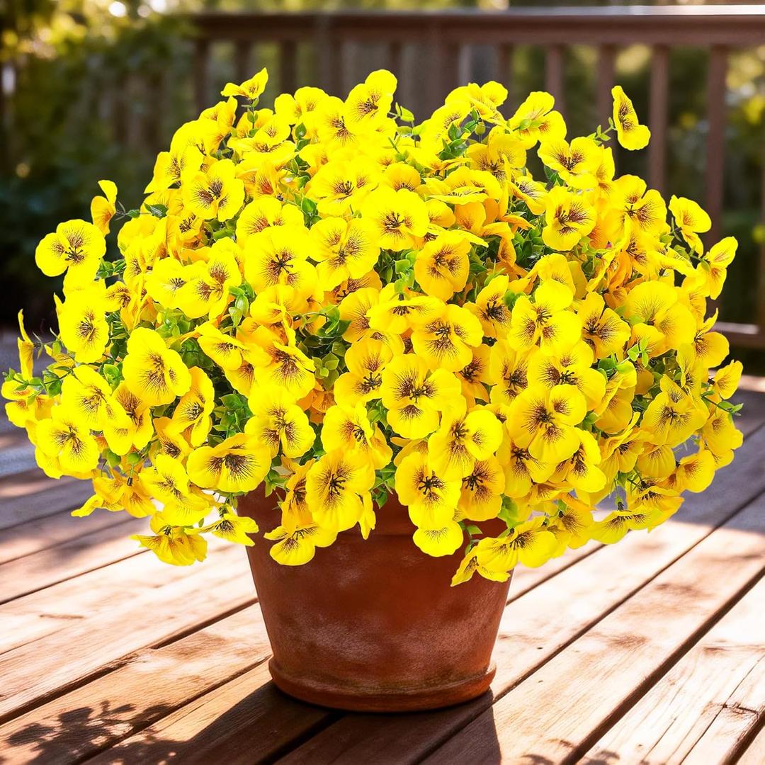 10pcs Outdoor Faux Flowers UV Resistant Artificial Fake Pansies Flowers with Greenery Eucalyptus Silk Pansy Faux Spring Flower for Outside Garden Yard Planters Window Box Home Decor(Yellow)