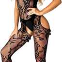 Backless Bodystocking Tights Womens Fishnet Bodysuit, Rave Outfits, Soft Floral Nightwear Lingerie Full Body Bodysuits Cutout Spaghetti Strap Hollow One Size (Black)
