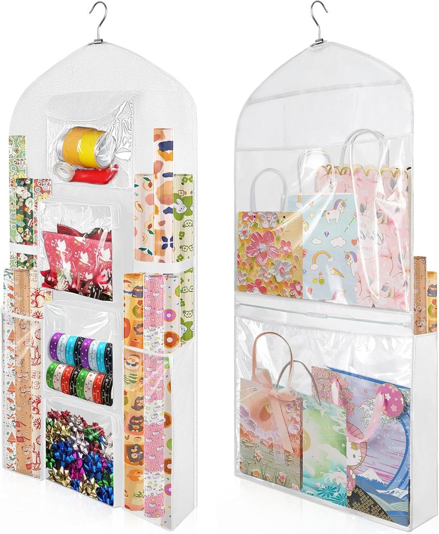 Hanging Gift Wrapping Paper Storage, 48x24 (Extra Large) White Double-Sided Christmas Wrapper Bag Container, Oxford Long Craft Roll Organizer, Present Wrap Holder for Closet, Door