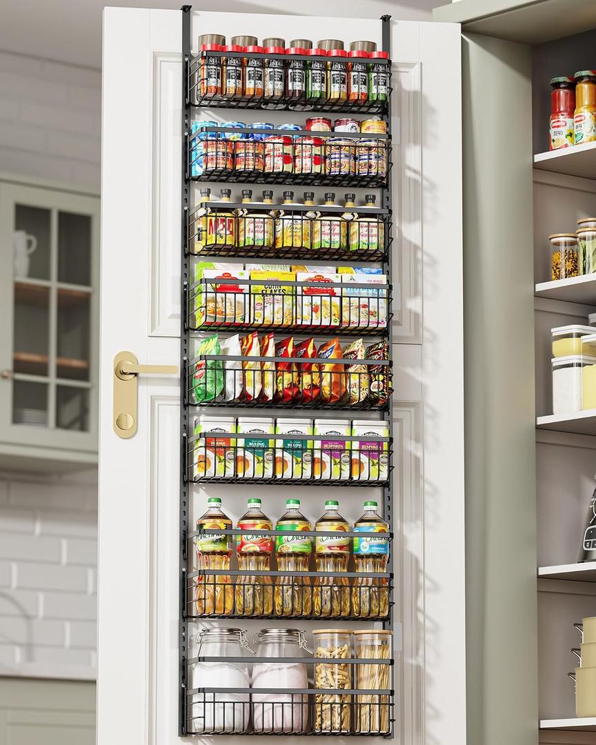 8-Tier Over the Door Pantry Organizer, Pantry Door Organizer with Adjustable Basket, Hanging Spice Rack for Kitchen & Laundry Room Organization, Black