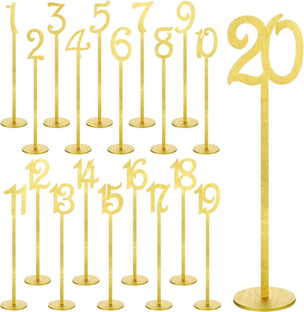 20 Pcs Table Numbers Wedding Table Numbers Wood for Reception Stands Seat with Holder Base for Wedding Party Event Catering, 1-20 (Gold)