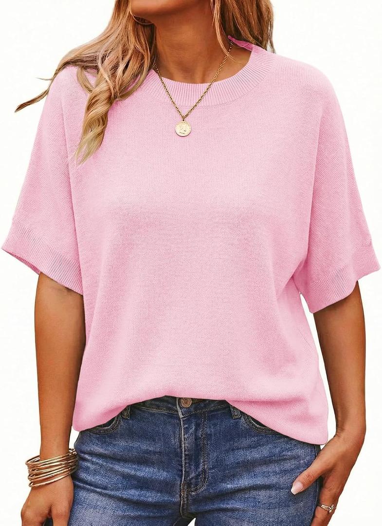 Saodimallsu Womens Short Batwing Sleeve Sweaters Oversized Crew Neck Casual Basic Knit Pullover Tops Shirt (Pink)