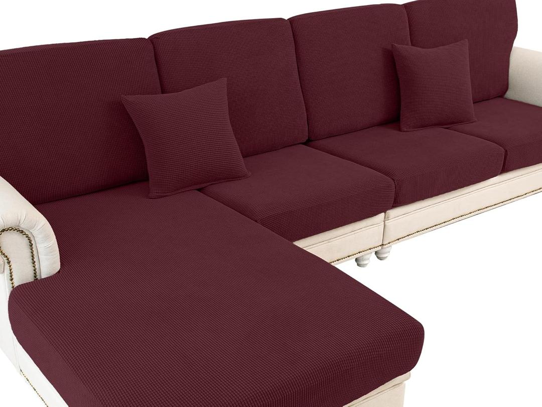 Couch Cushion Covers for Sectional Sofa L Shape Washable Separate Seat Chaise Couch Cover Stretch Sofa Slipcovers with 2 Pcs Pillowcases(3 Seater + 1 Chaise, Burgundy)